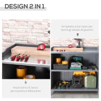 Armadietto da Esterno in Legno con Piano in Metallo e 2 Ripiani Porta Attrezzi, 98x48x95.5 cm, Grigio