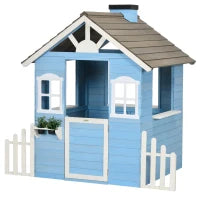 Casa per Bimbi 3-7 Anni con Staccionata, Portavasi, Porta e Finestre, in Legno di Abete, 151x112.5x142 cm, Blu