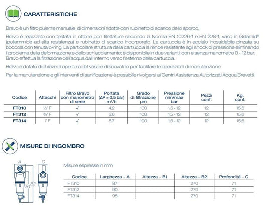 Filtro manuale Bravo con manometro da 3/4" ft312 Acqua Brevetti