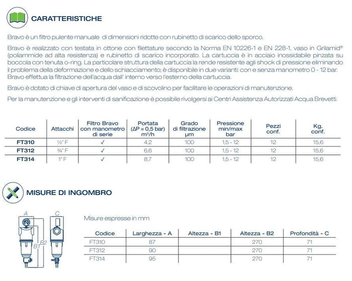 Filtro manuale Bravo con manometro da 3/4" ft312 Acqua Brevetti