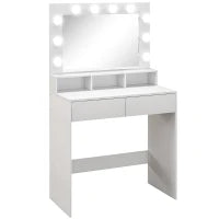 Tavolo da Trucco con Specchio e 10 Luci LED Regolabili, 2 Cassetti e 3 Scomparti, 80x40x135 cm, Bianco