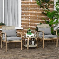 Salotto da Giardino in Rattan con 2 Poltroncine con Cuscini e Tavolino in Vetro, Marrone e Grigio