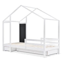 Letto per Cameretta, 6+ Anni con Lavagna e Recinzione, 2 Cassetti, Struttura in Pino 90x200 cm, Bianco
