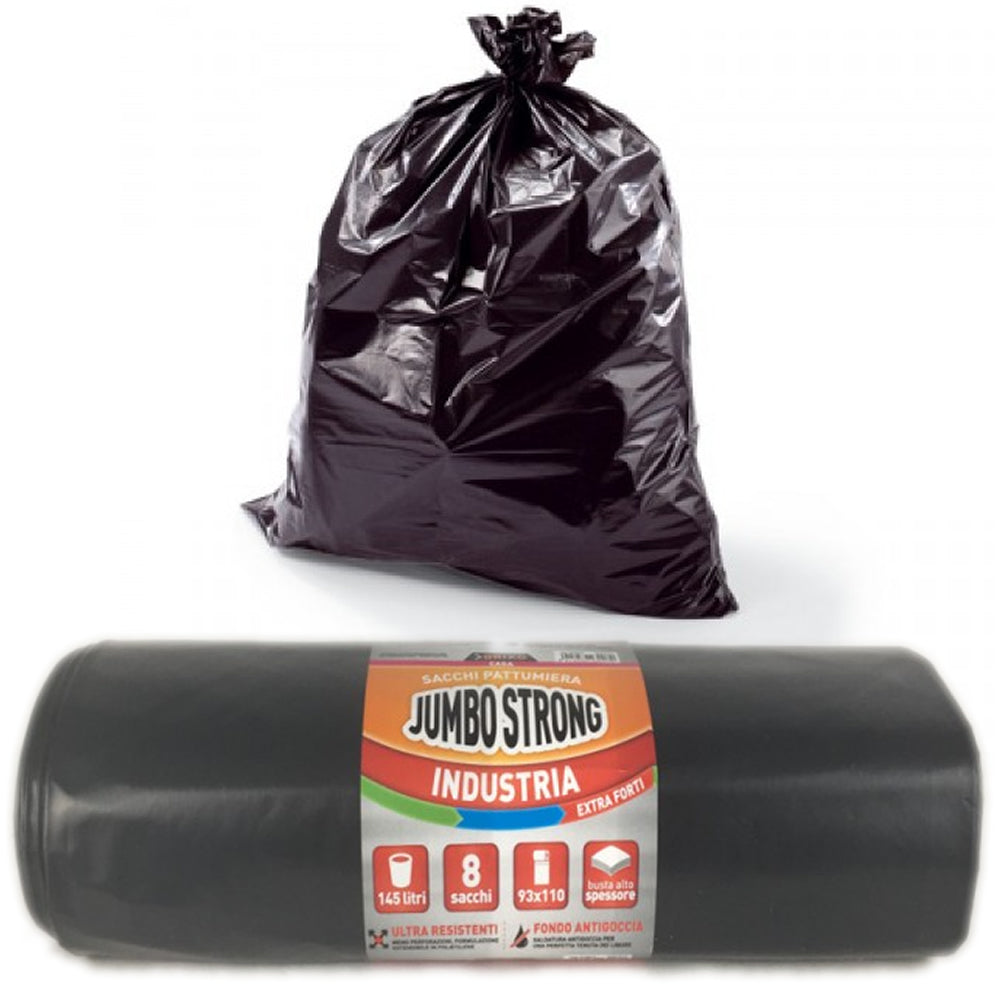 Sacchi per pattumiera jumbo strong extra forti 8 sacchi da 145 litri ciascuno neri