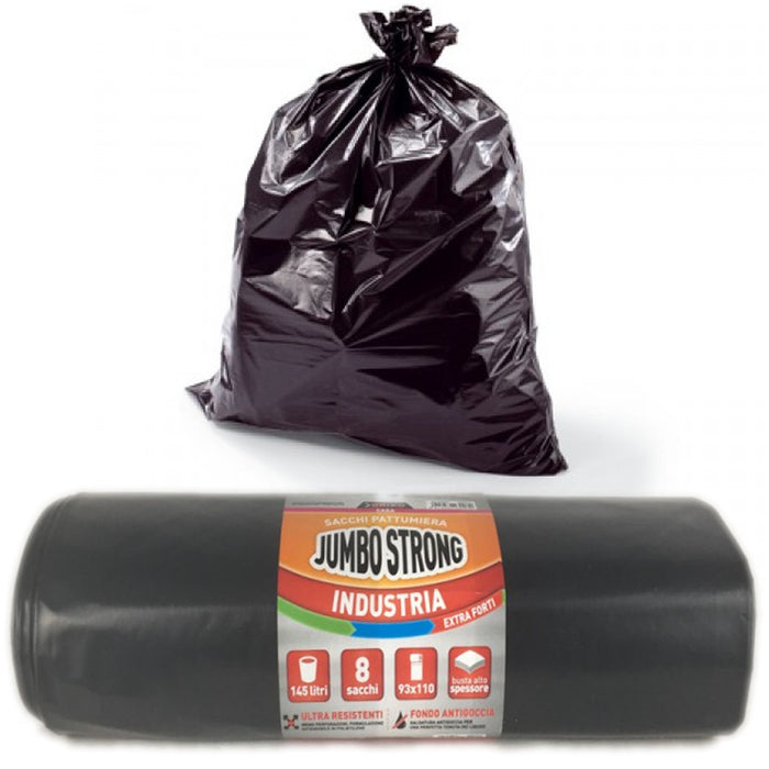 Sacchi per pattumiera jumbo strong extra forti 8 sacchi da 145 litri ciascuno neri
