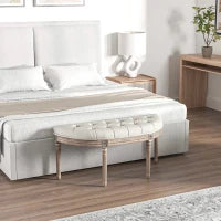 Panca Per Il Piede Del Letto A Forma Di Mezzaluna Stile Luigi XVI Struttura In Legno Massiccio Intagliato Sedile In Tessuto Effetto Lino Crema