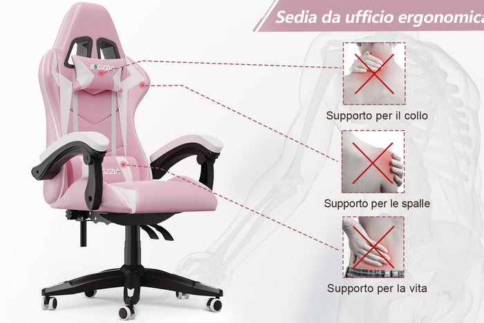 Sedia gaming ergonomica - RATTANTREE - con Supporto Lombare Sedia da Gioco in Pelle Pu con Altezza Regolabile - Rosa
