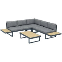 Set da Giardino 4 Pezzi in Alluminio con 2 Divanetti, Poltrona Angolare e Tavolino da Caffè, Grigio e Teak