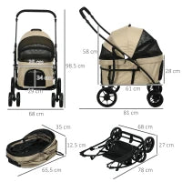 Passeggino per Cani Taglia Piccola con Tettuccio Regolabile e 2 Guinzagli, 81x68x98.5 cm, Nero e Khaki