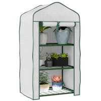 Mini Serra da Giardino con Copertura in PE, 3 Ripiani e Porta Avvolgibile, 59x39x127cm, Bianco