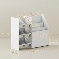 Scaffale Portagiochi con 6 Cesti, 3 Ripiani e Box Inferiore, in Legno, Plastica e Acciaio, 100x30x80 cm, Bianco