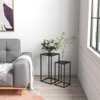 Tavolino Portapiante Set 2 Pezzi in Acciaio per Interni ed Esterni, 25x25x58.5 cm e 31x31x65 cm, Nero