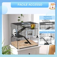 Gabbia per Criceti a 3 Livelli con Ruota, Rampe e Fondo Rimovibile, 60x40x57cm, Nero