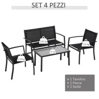 Salotto da Esterno, Set 4 Pezzi con 1 Tavolino, 2 Sedie da Giardino e 1 Panca in Metallo, Nero