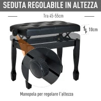 Sgabello Panca per Pianoforte con Altezza Regolabile 45-55cm, in Legno e pelle PU Nera