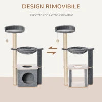 Albero Tiragraffi per Gatti Alto 95cm, Palestra per Gatti di Multilivelli con Casetta, Amaca, Pallina da Gioco, Cuccia e Corde in Sisal, 48x34x95cm, Grigio