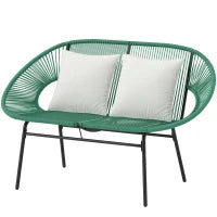 Panchina da Giardino da 2 Posti in Acciaio e Corda in Resina con 2 Cuscini, 132L x 72l x 83H cm, Verde Scuro