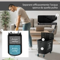Carrello per Pulizie in Plastica PP da 20L con Secchio e Strizzatore, 60x27x70.5 cm, Nero