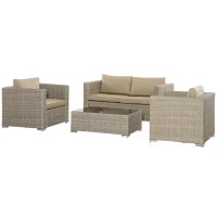 Set 4 Pz Salotto da Esterni in Rattan con 1 Divano, 2 Poltrone e 1 Tavolino, Kaki e Beige