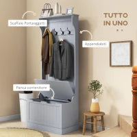Mobile Appendiabiti 3 in 1 con 4 Ganci e Panca Contenitore, in Legno, 71.5x39.5x170 cm, Grigio