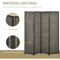 Paravento per Interni, Separé Pieghevole a 4 Pannelli, Divisorio per Ambienti in Legno e Bambù, 180x180x1.9cm, Nero e Marrone