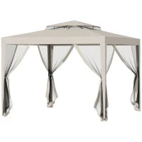 Gazebo da Giardino 3x3m con Zanzariera, Doppio Tetto e Telaio in Metallo, Beige
