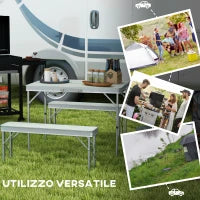 Tavolo da Picnic Pieghevole 90x62x70 cm con 2 Panche da Esterno 86x23x40 cm, in MDF e Alluminio, Argento