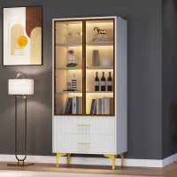 Vetrina Elegant in Vetro, con Gambe Dorate e Ripiani Regolabili, Illuminazione LED Multicolore, adatta per soggiorno, ufficio, 70x35x150 cm, Bianco