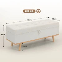 Panca Contenitore da 80L Imbottita con Rivestimento in Tessuto e Gambe in Legno, 118x42x45 cm, Crema