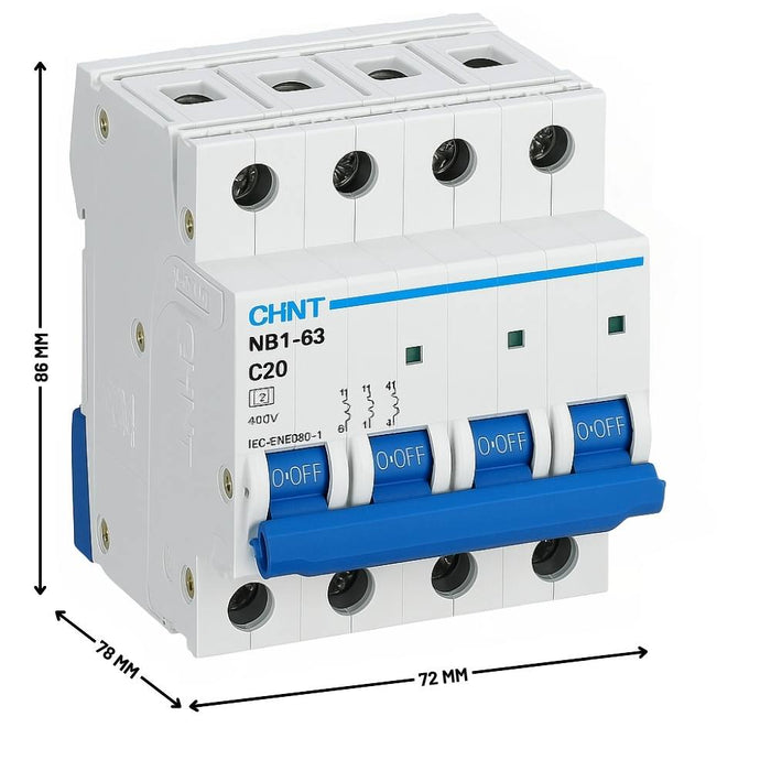 Interruttore magnetotermico 4p 6ka curva c chint serie nb1-63 da quadro din *** ampere 20 ampere, confezione 1