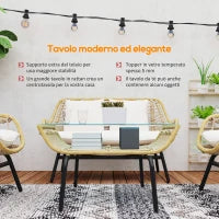 Set da Giardino 4 Pezzi in Rattan PE e Metallo con Divanetto, 2 Sedie e Tavolino da Caffè, Beige
