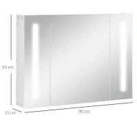 kleankin Armadietto Specchiera da Bagno con 3 Armadietti, 3 Ripiani e Luce LED, 90x15x65 cm, Bianco
