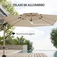 Ombrellone a Sbalzo Inclinabile con Manovella e Base, in Alluminio, Metallo e Poliestere, 4.1x2.9x2.7A m, Kaki