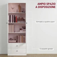 Credenza Cucina con Armadietto e 2 Cassetti, Ante in Vetro e Ripiani Regolabili, 59x30x164 cm, Bianco
