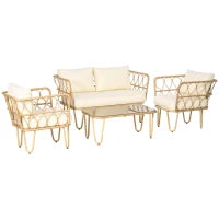 Set salotto da giardino divano 2 posti + 2 poltrone + 1 tavolino piano vetro temperato 7 cuscini crema