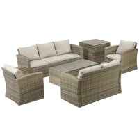 Set da Giardino 6 Pezzi in Rattan con Divani, Poltrone e Tavoli Contenitore, Beige