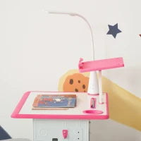 Set Scrivania e Sedia per Bambini 6-12 Anni ad Altezza Regolabili, Banco Scuola con Lampada, Cassetto, Gancio, Portapenne e Leggio, Set Banco con Sedia per Bambini in Acciaio e MDF, Rosa