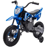 Moto Elettrica per Bambini con Rotelle Rimovibili, Sospensioni, Suoni e Indicatore di Carica, Blu