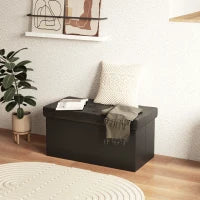 Panca Contenitore Pieghevole da 84L, Coperchio Imbottito e Rivestimento Finta Pelle, 76x38x38cm, Nero