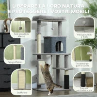 Albero per Gatti Multilivello Alto 132 cm con Casetta, Lettino, Pali Tiragraffi, Spazzola e Pallina, Grigio