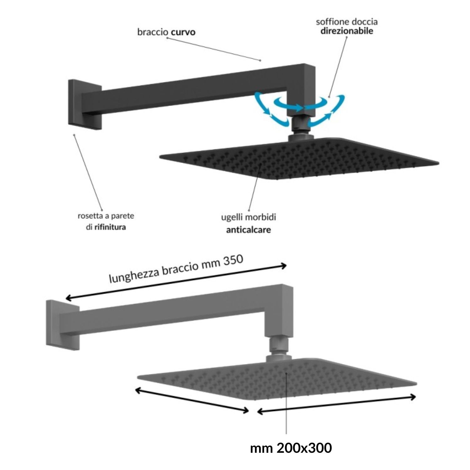 Set per doccia rettangolare in acciaio inox nero opaco 20x30 centimetri *** finitura- nero opaco, confezione 1