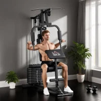 Stazione Fitness Multifunzione Power Tower con Pesi fino 45kg e Panca Imbottita, 135x103x210cm