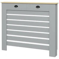 Copritermosifone in MDF a Doghe, Copricalorifero a Griglia con 2 Cassetti, 111x19x95.5 cm, Grigio