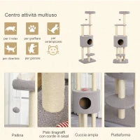 Albero Tiragraffi Robusto per Gatti con 5 Livelli, Cuccia, Casetta, Giochi e Corda Sisal, Grigio e Beige Max 30kg