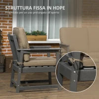 Salotto da Giardino con Divanetto, 2 Poltrone e Tavolino in HDPE con Cuscini, Grigio Scuro