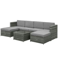 Set da 7 Pezzi Salotto da Esterni in Rattan con Poltrona Pouf Tavolino Grigio