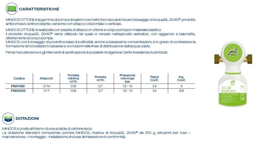 Acqua Brevetti pompa dosatrice anticalcare Minidos con attacco in Ottone da 1/2" F - PM020S
