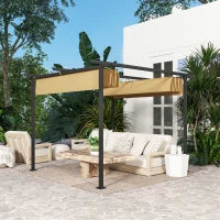 Gazebo Pergola 3x3 con Tetto Retrattile e Fori di Drenaggio in Poliestere e Acciaio, Beige e Nero