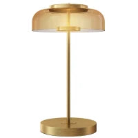 Lampada da Tavolo LED, Paralume Ambra in Vetro, Base Metallo Dorato, Ø23 x H40 cm