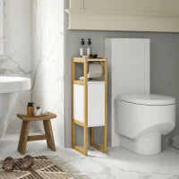 Mobile Bagno Salvaspazio con Porta Carta Igienica, Armadietto e Ripiano in Bambù, 20x33x80cm, Bianco